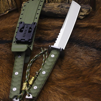 BA-KOR 15.8in Full Tang Japanese Style Outdoor Knife –8mm DC53 Steel, Nylon Fiber Handle &Sheath, Hunting Survival Knife+(5.9in) cerium igniter (Green-handled white blade (8mm))