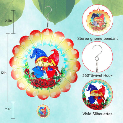 Gnome Wind Spinners Garden Yard Decor Gift for Women Men, 12 Inch Outdoor Metal 3D Wind Spinner, Stainless Steel Hanging Wind Catchers Kinetic Sculpture for Outside Decoration