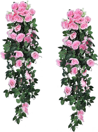 RECUTMS Fake Hanging Flower, 2PCS Artificial Rose Vine Plants Flowers Wedding Home Decoration and Wall Décor 3.3Ft (Pink)