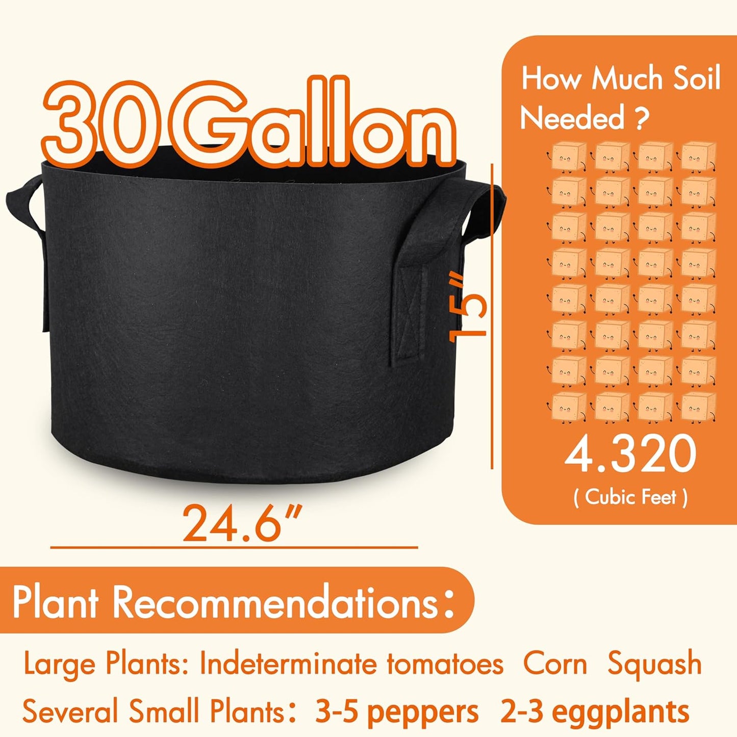 Gardzen 30 Gallon Grow Bags with Waterproof Liner, 500G Thick Nonwoven Fabric Pots, Cuts Watering by 50% in Hot Dry Climates, for Patio Balcony Use (6-Pack)