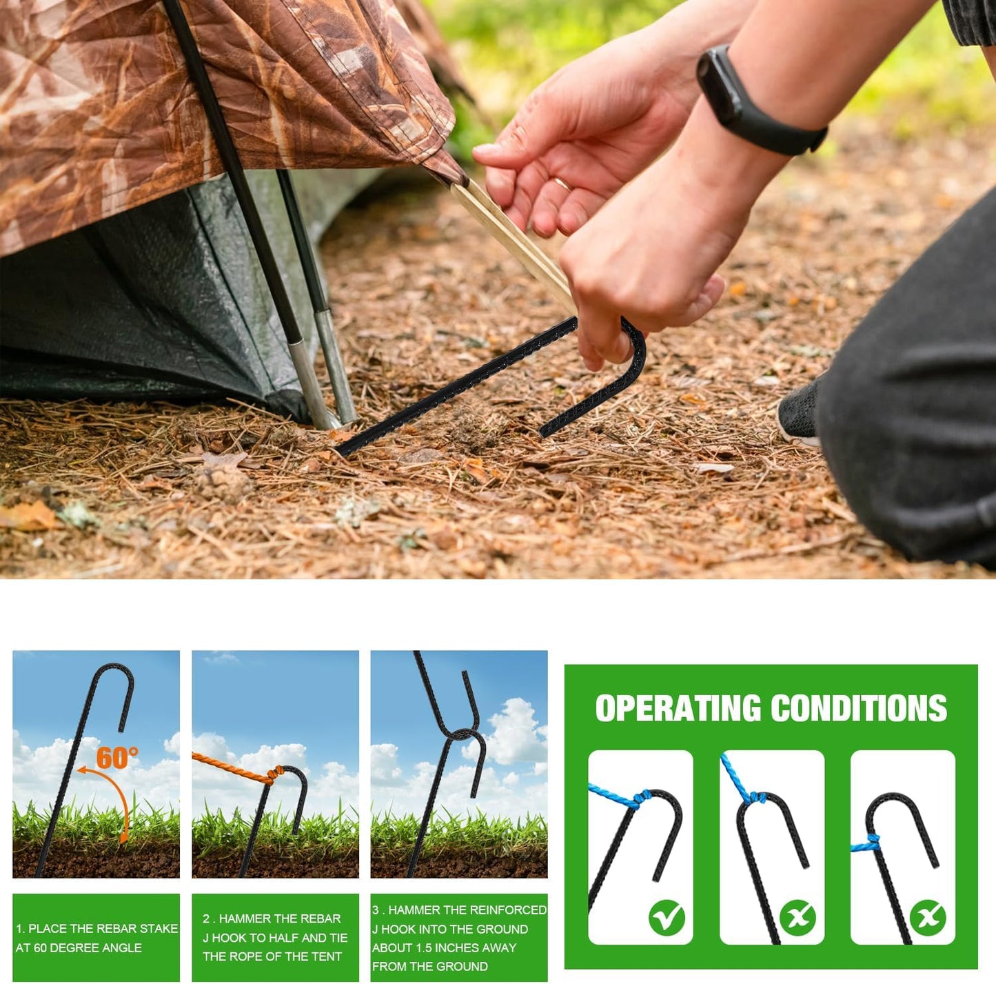 ERYTLLY 12In Rebar Stakes J Hook Heavy Duty Galvanized Metal Stakes for Ground Barrel Soil Tent Swing Set Anchors Fence Stakes Curved Steel Plant Support Garden Stakes with Hooks（12in 16pk）
