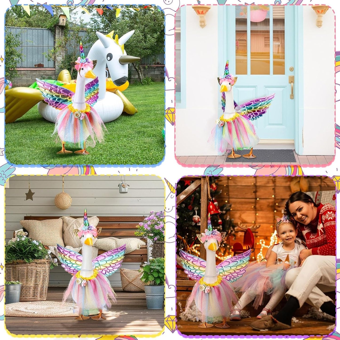 Abbylike Unicorn Goose Outfits Halloween Porch Goose Costume for 23'' Cement Statue Unicorn Headband Tutu Skirt and Wing for Party Outdoor Yard Lawn Garden Patio Decor