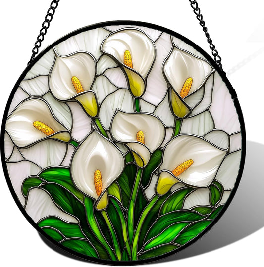 Stained Glass Window Hanging, White Calla Lily Suncatcher Diamond Glass Panel Hangings Flowers Sun