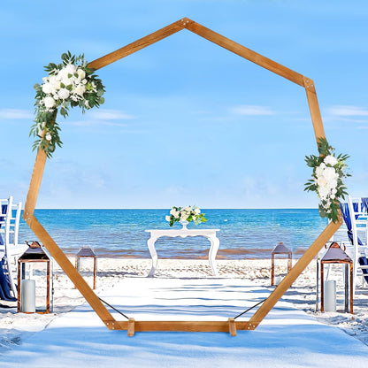 Heptagonal Wooden/Wood Arch 7.2FT for Wedding Ceremony, Arbor Backdrop Stand for Garden Parties, Indoor, Outdoor, Autumn Theme, Rustic Decorations
