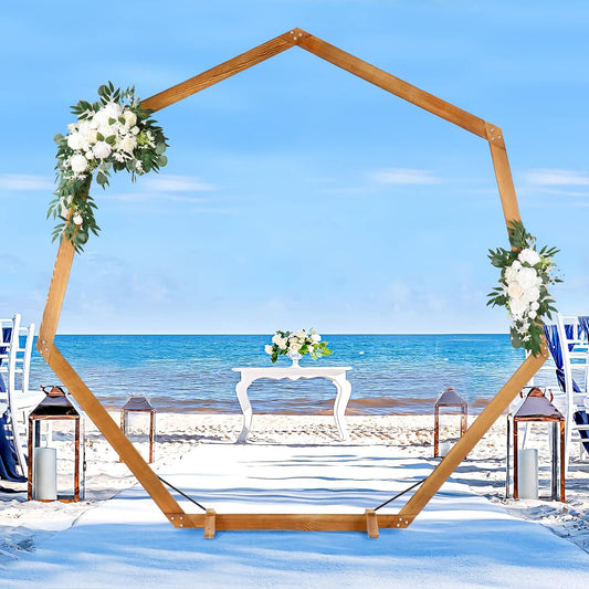 Heptagonal Wooden/Wood Arch 7.2FT for Wedding Ceremony, Arbor Backdrop Stand for Garden Parties, Indoor, Outdoor, Autumn Theme, Rustic Decorations