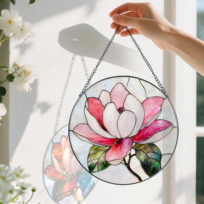 8-Inch Stained Glass Ornament, Stained Glass Window Hanging, Window Hanging Decor Suncatcher, Magnolia Flower Ornament | Holiday, Mother's Day, Birthday | Gifts for Nature and Garden Lovers