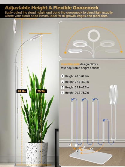 GLOWRIUM Grow Lights for Indoor Plants, 24W Full Spectrum LED Grow Light, Stepless Dimming,3 Lighting Mode and Adjustable Height, Plant Light with 3/9/12/16H Timer (White, 24W)