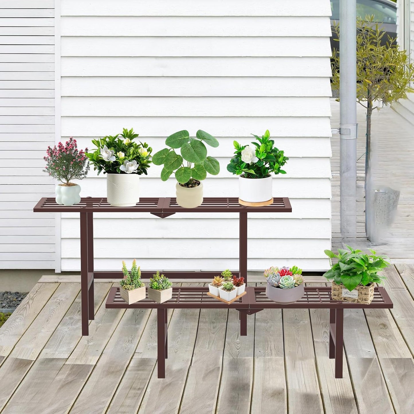 Plant Stand Indoor Outdoor, 2-Tier Foldable Metal Ladder Plant Stands, Stackable Metal Plant Shelf Decorative Flower Pot Holder Display Rack for Garden Living Room Patio,Brown