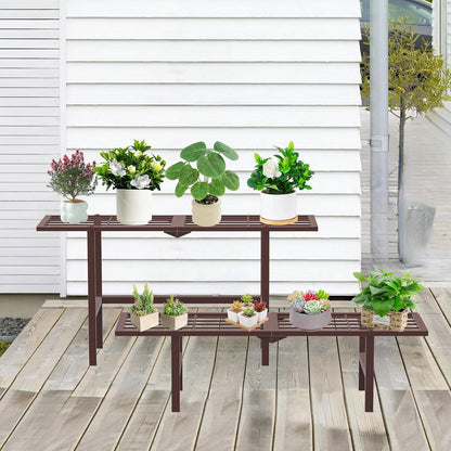 Plant Stand Indoor Outdoor, 2-Tier Foldable Metal Ladder Plant Stands, Stackable Metal Plant Shelf Decorative Flower Pot Holder Display Rack for Garden Living Room Patio,Brown