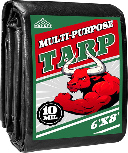 Tarp 6x8 ft Heavy Duty 100% Waterproof 10mil,UV Resistant,Durable Grommets and Reinforced Edges Green/Black Tarp for Camping, Swimming Pools,Car Coverage -by MVPNET