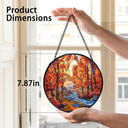 TNUW Fall Autumn Stained Glass Window Hanging, Rustic Autumn Forest Landscape Sun Catchers Indoor Window Glass Round Wall Art Decor, Fall Wall Hanging Decorations, 7.9＂x7.9＂