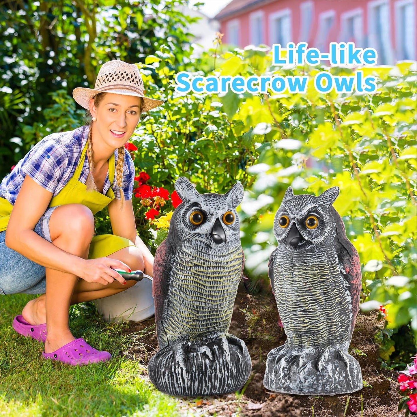 Hedoc 2 Pack Fake Owl Decoys to Scare Birds Away from Gardens and Rooftop, Long-Eared Owl Bird Deterrents, Nature Scarecrow Plastic Owls Pest Repellent, Owl Statue for Garden Decor, Yard Decoration