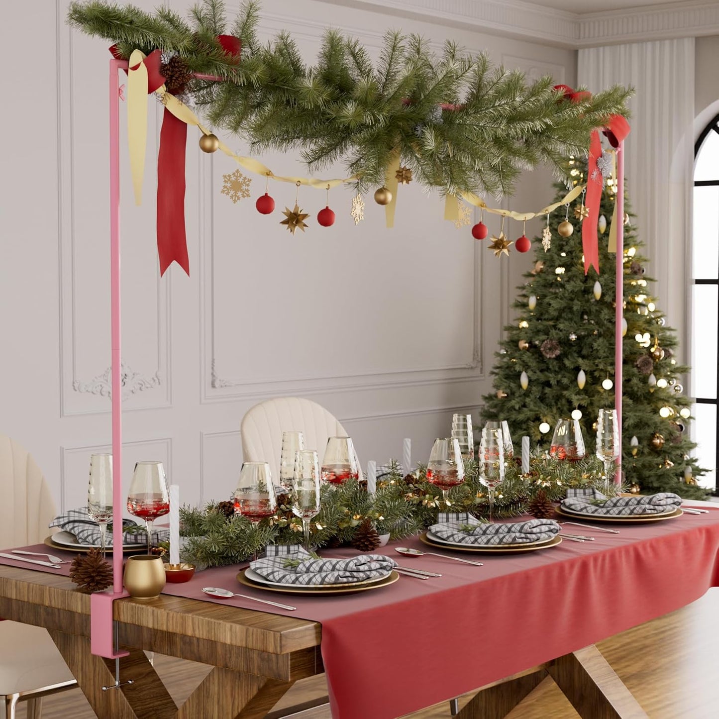 Over The Table Rod Stand with Clamps, Adjustable 32''-79'' Tall 32"-131" Length, Pink Table Arch Stand Metal Balloon Frame Hanging Rod for Weddings Birthdays Party Garden Arbors Decoration