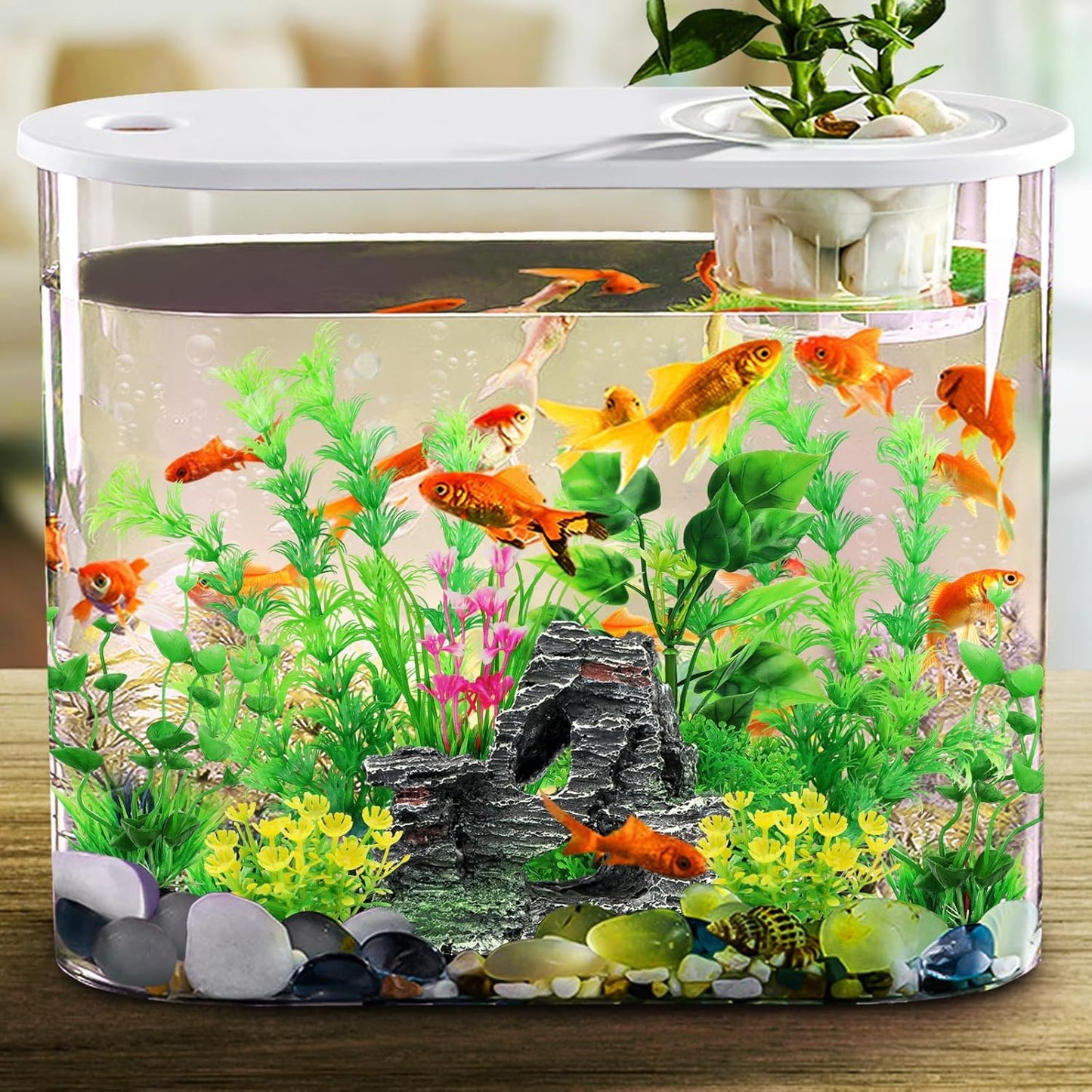 Fish Tank Accessories Artificial Plants, 9pcs Green Aquarium Decorations Plants and Cave Rock Decor Set, Aquarium Decor Plastic Plants