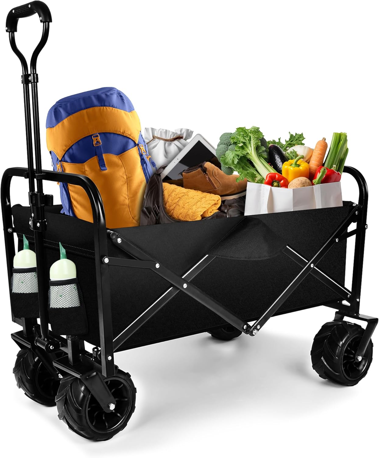 Beach Cart with 7 inch All-Terrain Wheels, Wagons Carts Heavy Duty Foldable, Utility Grocery Wagon with Side Pocket for Camping Garden Sports