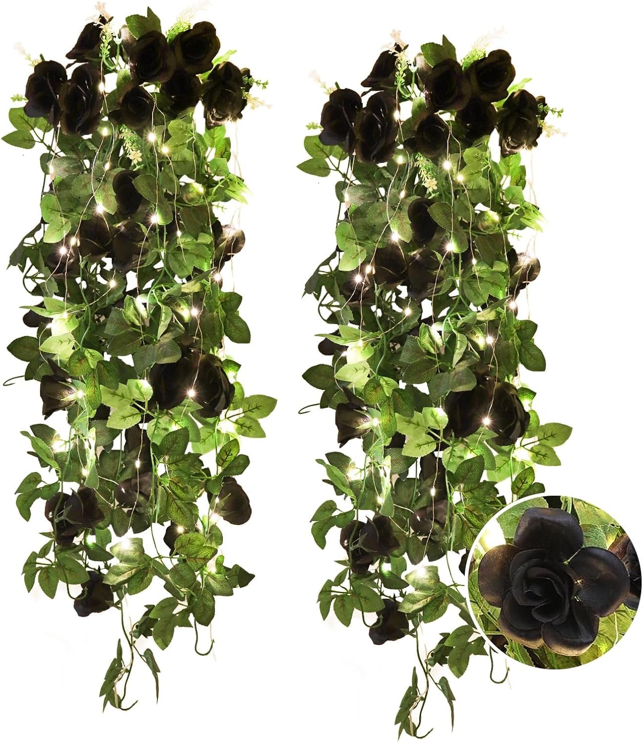 RECUTMS Hanging Flowers Black Artificial Rose Flower 2PCS 3.3Ft for Outdoors with 30 LED Fairy String Lights Fake Indoor Wall Wedding (Black)