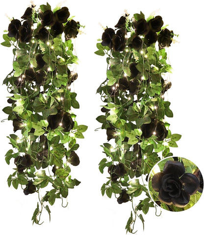 RECUTMS Hanging Flowers Black Artificial Rose Flower 2PCS 3.3Ft for Outdoors with 30 LED Fairy String Lights Fake Indoor Wall Wedding (Black)