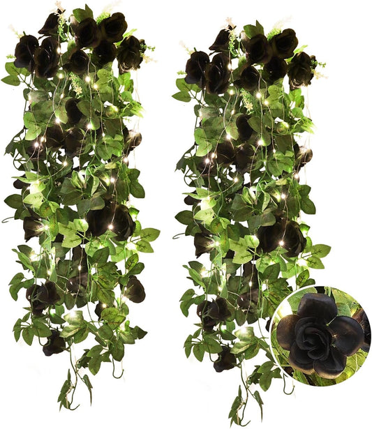 RECUTMS Hanging Flowers Black Artificial Rose Flower 2PCS 3.3Ft for Outdoors with 30 LED Fairy String Lights Fake Indoor Wall Wedding (Black)