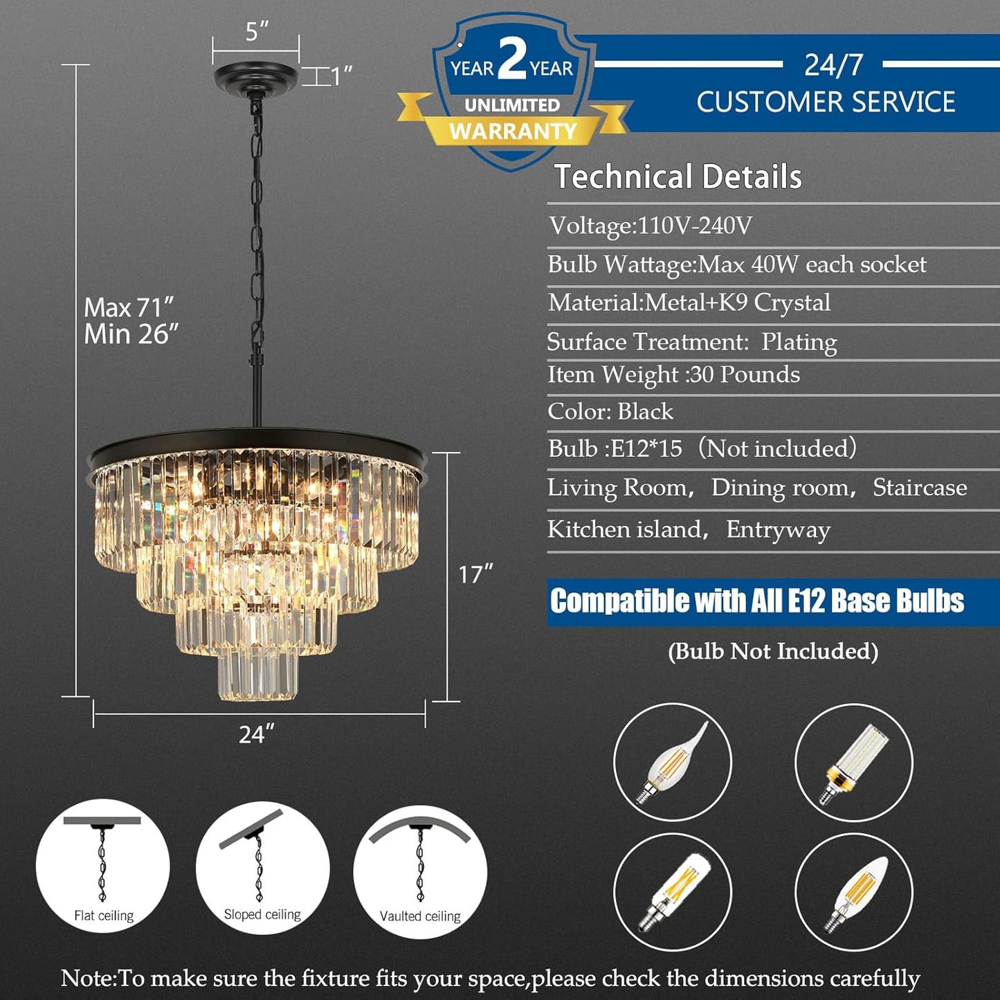 Crystal Chandeliers for Dining Room Lights Fixture Over Table, 15 Lights Black Modern Chandeliers for Living Room, 4-Tier Round Crystal Lighting Fixtures for Bedroom Entryway Kitchen Island D24 Inch