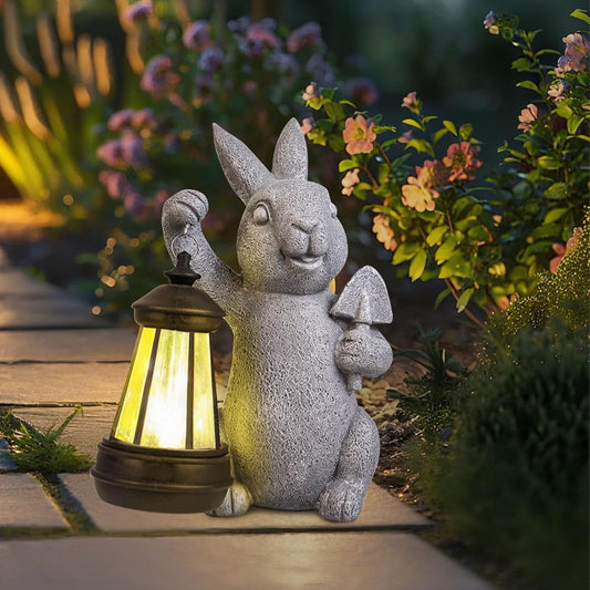 Rabbit Statue Garden Ornaments Art Outdoor Decoration with Solar Powered LED Lights Decor for Patio,Balcony,Yard, Mum Birthday Gifts, Garden Gifts for Women