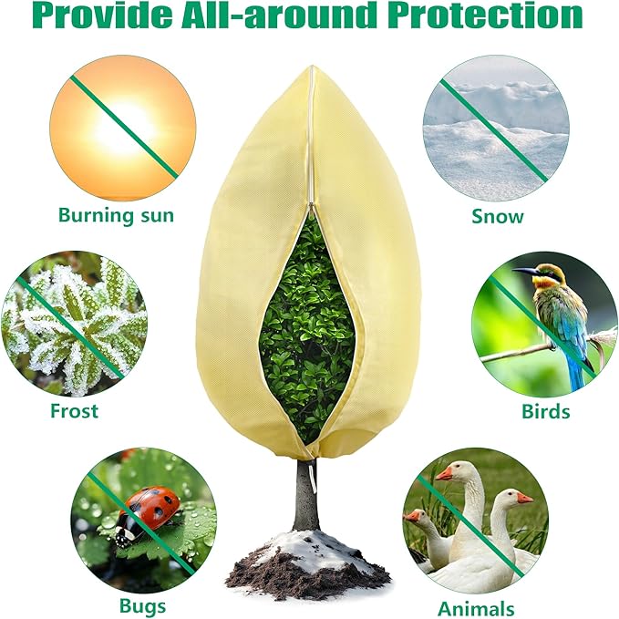 Plant Covers Freeze Protection, 2 Pack 47''× 71'' Beige Frost Cloths Blankets with Zipper Drawstring Shrub Tree Covers for Winter Outdoor Plants Freeze Protection