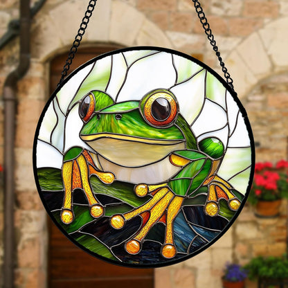 Stained Glass Window Hanging, Green Frog White Petals Sun Catchers Colorful Glass Panel Cute Suncatcher Decor for Birthday for Women, Men, Wife, Aunt, and Mom 9.8 in