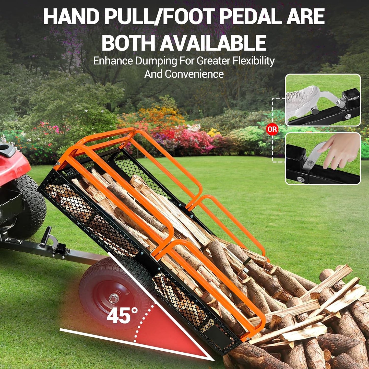 Heavy Duty Tow Behind Dump Cart - 1500 Lb Capacity 15 Cu.Ft Steel Utility Trailer, Removable Sides, Foot-Operated Dump for ATVs, UTVs, Lawn Mowers, Garden Yard