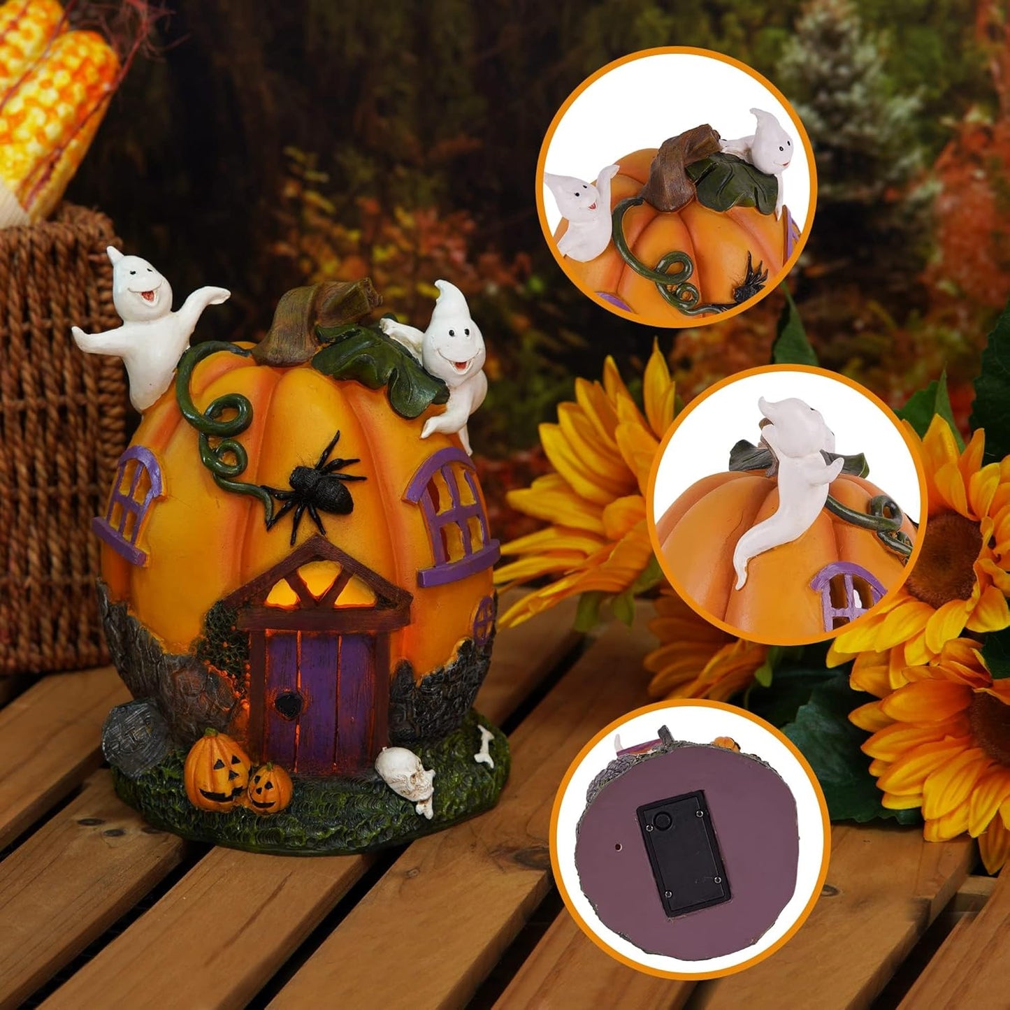 Topadorn Fall Pumpkin House Statue with LED， Pumpk Fall Decor for Home -Thanksgiving Indoor & Outdoor Party Decor, 7.09" H