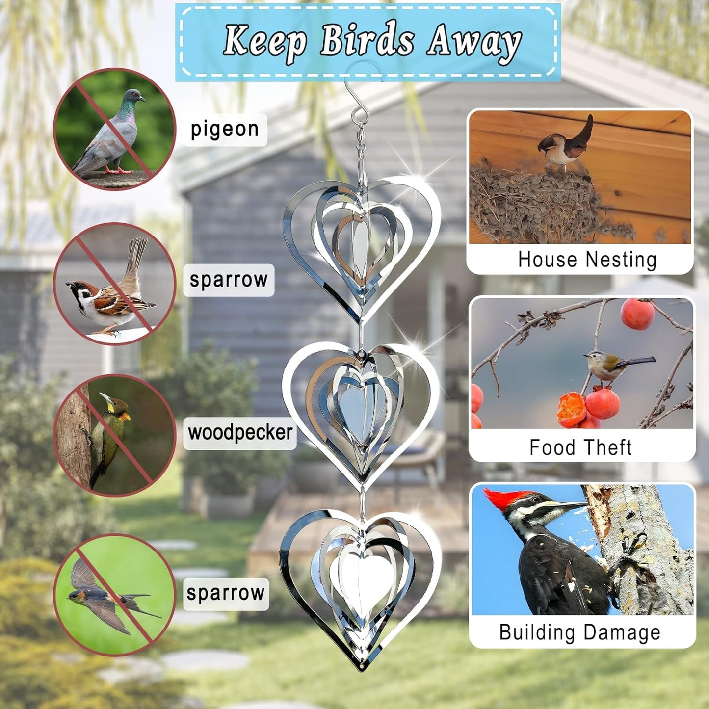 DELAVIDA Stainless Steel Bird Scare Devices, 3D Wind Spinners Outdoor, 9 Discs Set, Reflective Decor to Keep Swallow Pigeon Sparrow Away from House Patio Garden (Heart)