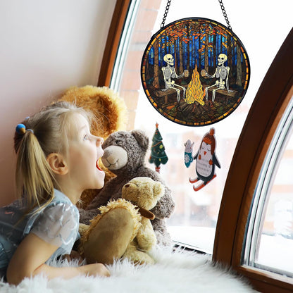 TNUW Halloween Fall Skeleton Stained Glass Window Hanging, Gothic Skeleton Autumn SunCatchers Indoor Window Glass Round Wall Art Decor, Halloween Fall Wall Hanging Decorations, 7.9＂x7.9＂