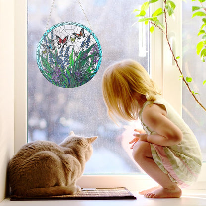 Stained Glass Window Hanging, Hand-Painted Butterfly and Flowers Suncatcher, 6 Inch Round Glass Panel Indoor Window Art, Home and Garden Decor, Mother’s Day