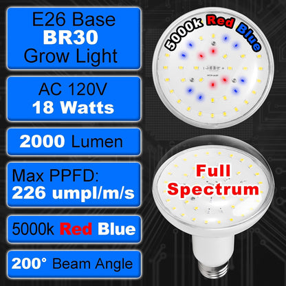 BR30 Grow Light Bulbs 18W 2000lm Full Spectrum Plant Happy Light Bulb 200W Equivalent E26 Base Balanced Spectrum 5000K Red Blue Grow Bulb for Indoor Plants Hydroponic Greenhouse Garden, 1 Pack