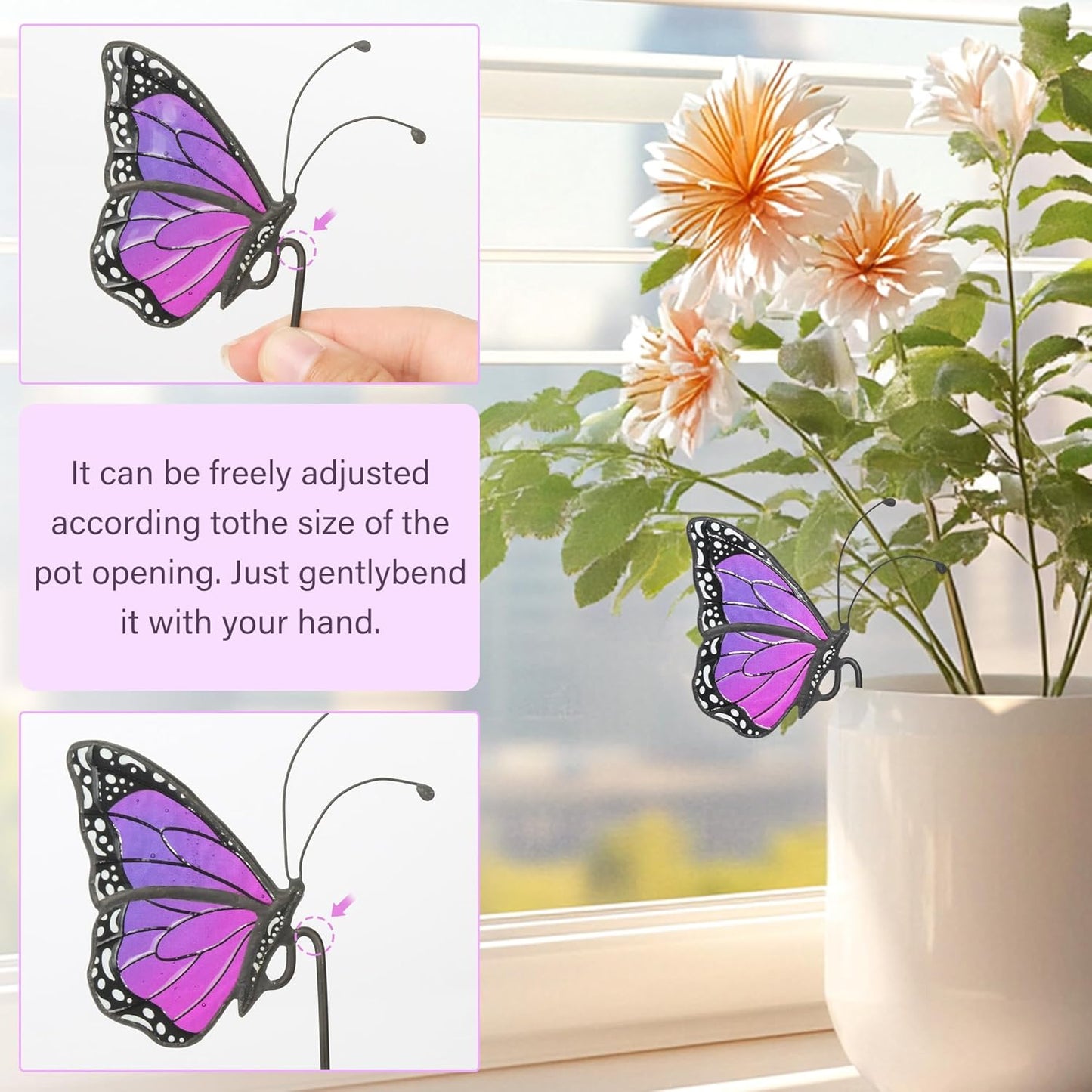 2pcs Stained Glass Butterfly Suncatcher for Flower Pot Plant Decoration, Yellow and Blue Butterfly Suncatcher for Garden Yard, Decorations Gift