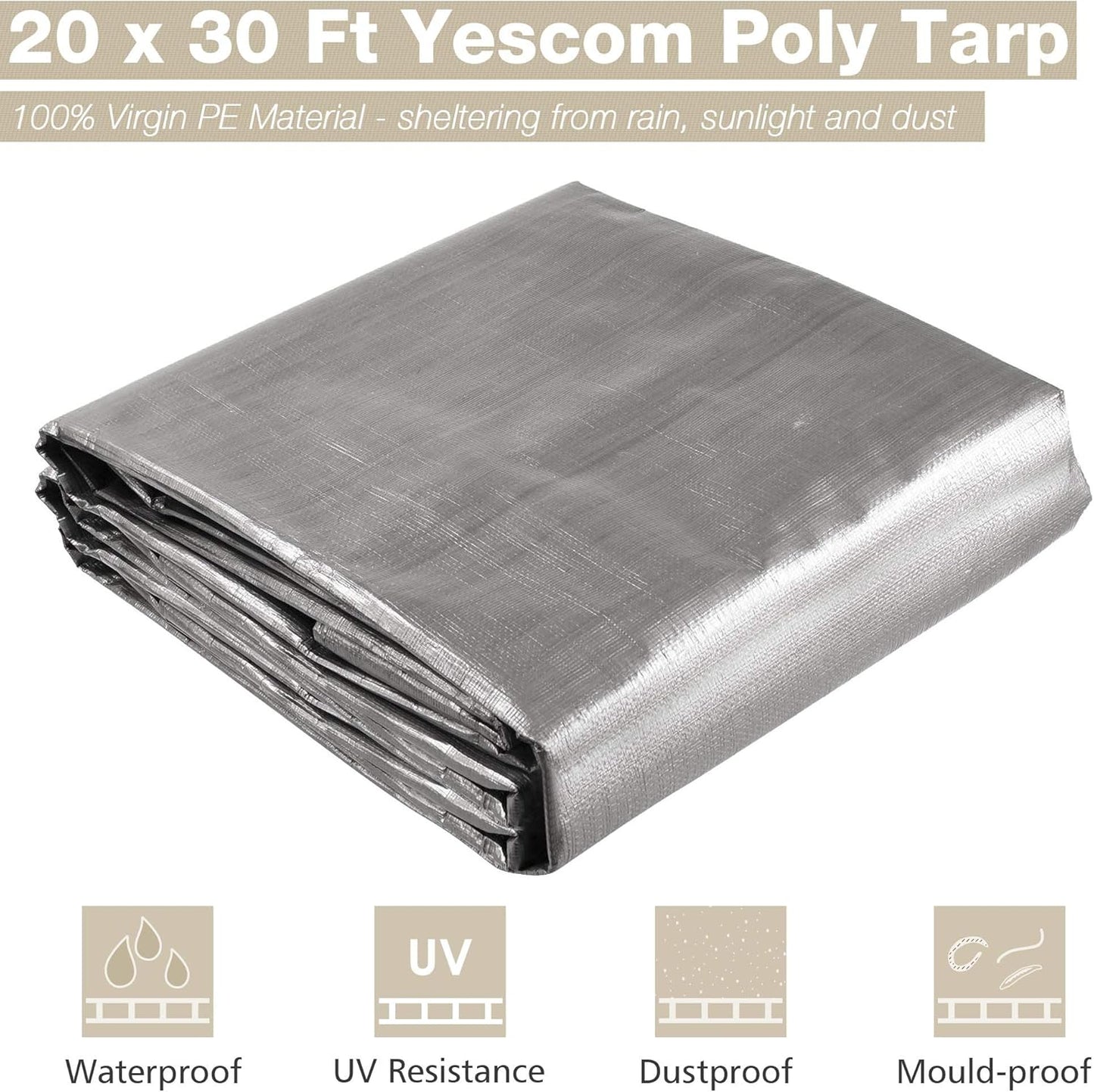 Yescom 20x30ft Heavy Duty Reinforced Poly Tarp Waterproof Tarpaulin 10-mil Ground Sheet Camping Tent Cover with Eyelets Reversible Silver Black Tarps