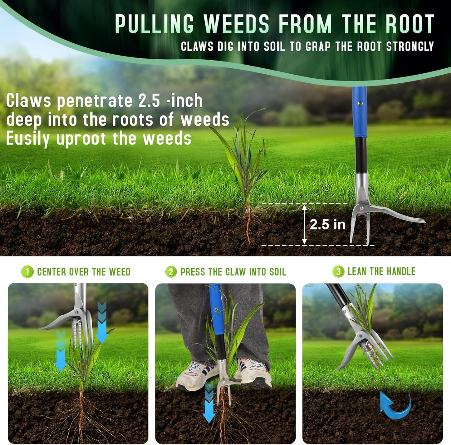 50” Weed Puller Tool for Crabgrass, Dandelion etc,Stand Up Weeder with Easy-Eject Mechanism, Steel Handle, Steel Claw,Garden Weed Remover Tool Without Bending, Pulling,Kneeling.