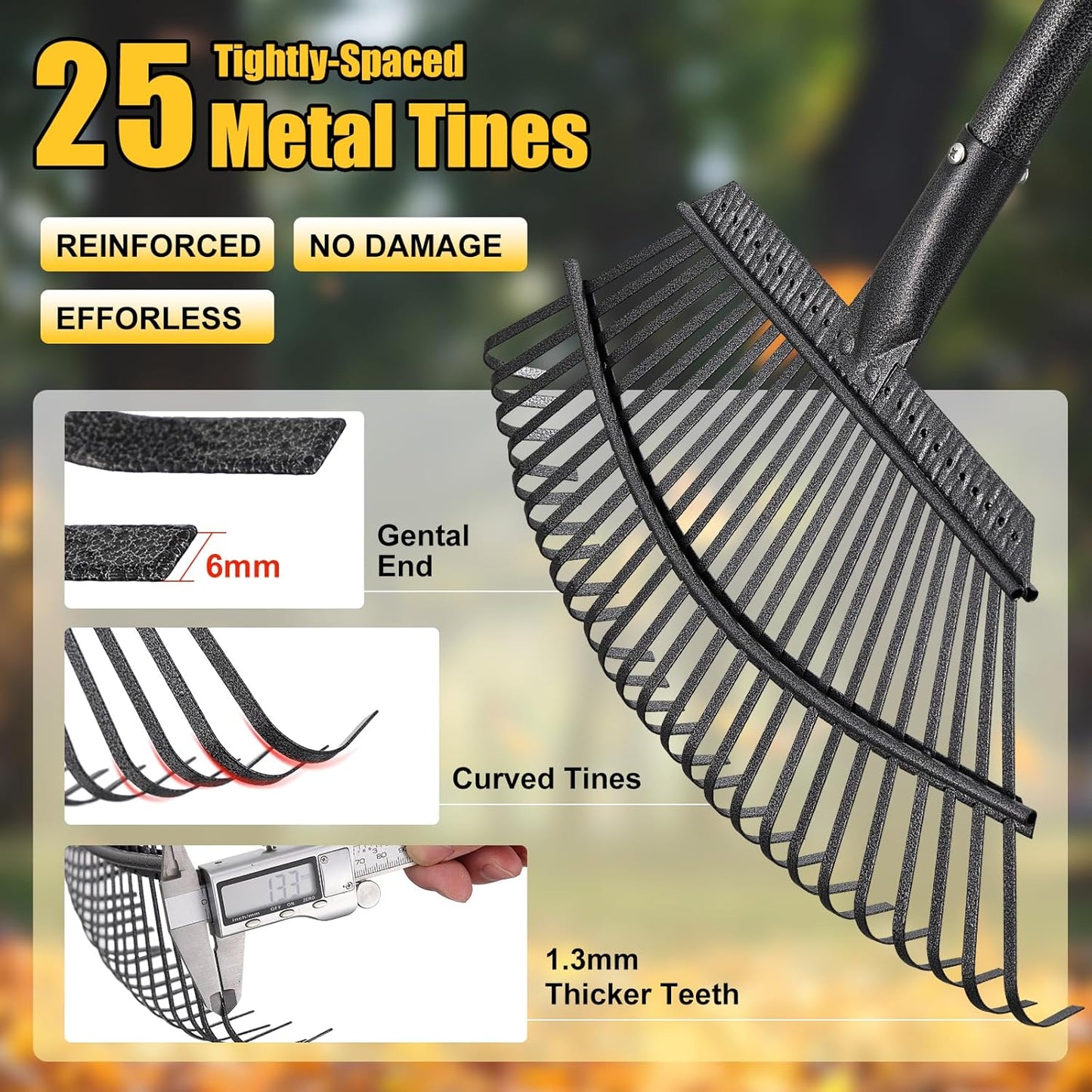 Garden Rake for Leaves: 18” Wide Metal Leaf Rake, 65” Long Adjustable Handle, Heavy Duty 25 Teeth, Fast Kids Women Large Lawn Yard Garden Leaf Cleanup Gardening Rakes: Grass,Debris,Pine Needles Pick