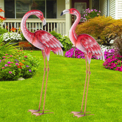 Natelf Pink Flamingo Yard Decorations, Metal Garden Statues and Sculptures, Standing Bird Lawn Ornaments for Patio Backyard Pond Decorations Set of 2