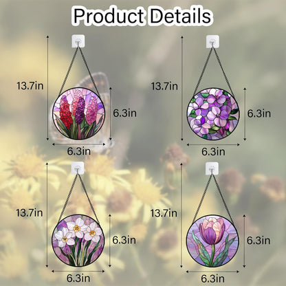 Stained Glass Window Hanging 4 Pcs Set Purple Flower Theme 6.3" - Tulip Suncatcher Door Garden Sun Catcher Decor Birthday Christmas for Plant Lovers Woman Nana Men