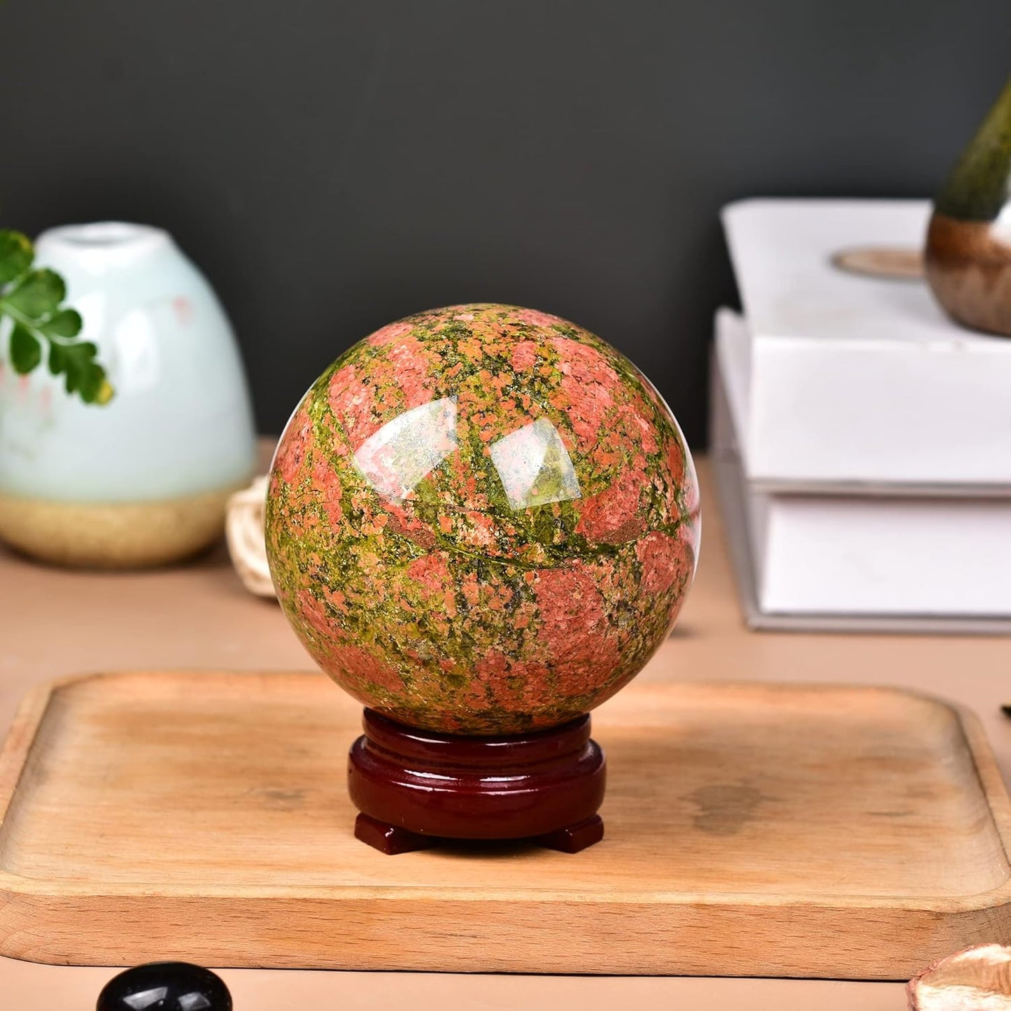 JIC Gem Natural Unakite Crystal Sphere Rock Quartz Crystal Ball with Wood Stand Healing Meditation Energy Decoation Ball (70-80mm)