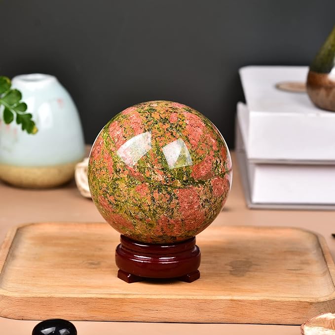 JIC Gem Crystal Sphere Balls Unakite Healing Crystal Ball with Wood Base for Reiki Chakra Decor (100-110mm)
