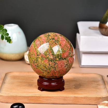 JIC Gem Healing Crystal Sphere Ball with Wood Stand Natural Unakite Rock Gemstone Sphere Crystal Orbs for Meditation Grid Decor (80-90mm)