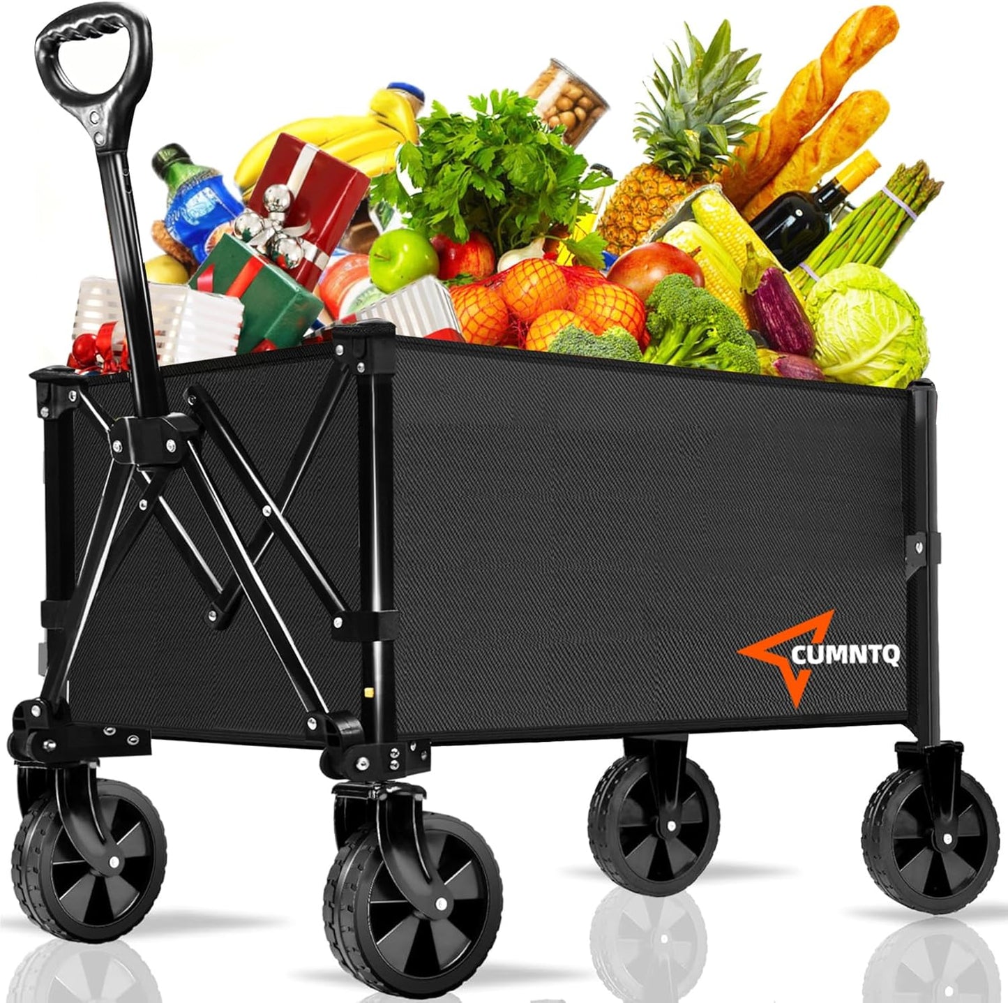 Collapsible Folding Wagon, 350lb Weight Capacity Collapsible Wagon with All-Terrain Wheels, Cup Holders and Adjustable Handle Utility Wagon, for Grocery Camping Garden Sports Shopping, Black