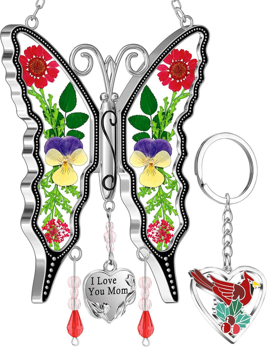 KY&BOSAM Butterfly Suncatcher I Love You Mom Gifts for Mom Pressed Flower Between Wings Glass for