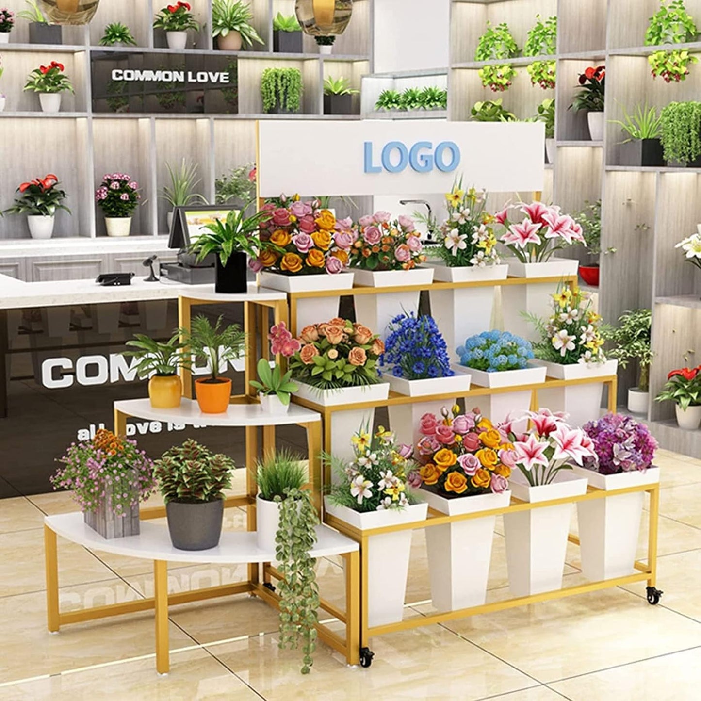 Flower Display Stand With 12PCS Buckets, 3 Layers Metal Plant Stand with Wheels, Heavy Duty Moving Plant Cart Shelf, for Indoor, Outdoor Patio Garden, Living Room, Florist (White - Square Bucket)