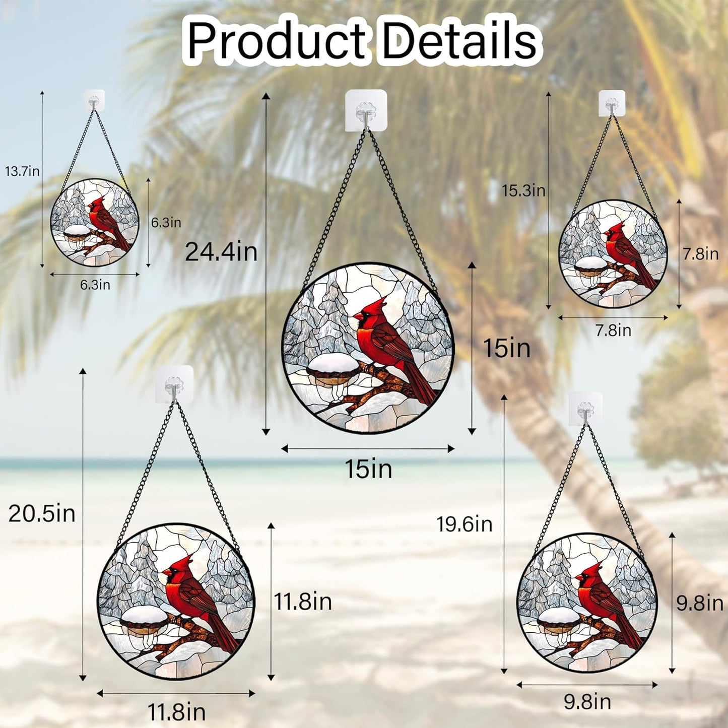 Stained Glass Window Hanging Cardinal Bird Winter Snow Scene 9.8" - Suncatcher Door Garden Sunroom Sun Catcher Home Decor Birthday Christmas for Mom Men Woman Nana