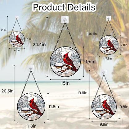 Stained Glass Window Hanging Cardinal Bird Winter Snow Scene Large 11.8" - Suncatcher Door Garden Sunroom Sun Catcher Home Decor Birthday Christmas for Mom Men Woman Nana