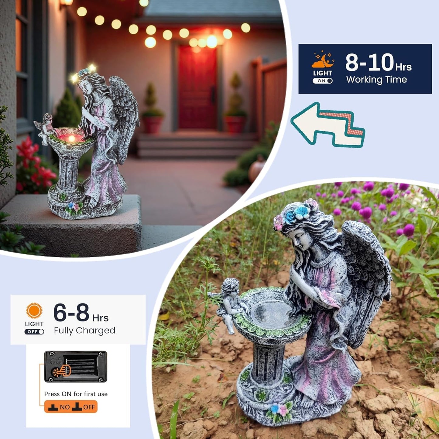 Solar Angel Figurine Lights Outdoor Waterproof Garden Statue with Color Changing Birdbath Fountain, Fairy Garden Decor for Outside Yard Patio Porch, Housewarming Gifts for Thanksgiving Christmas