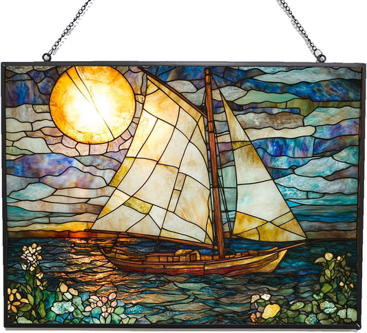 Personalized Rectangle Art Nouveau Painted Sailboat Stained Glass Window Hanging Suncatcher