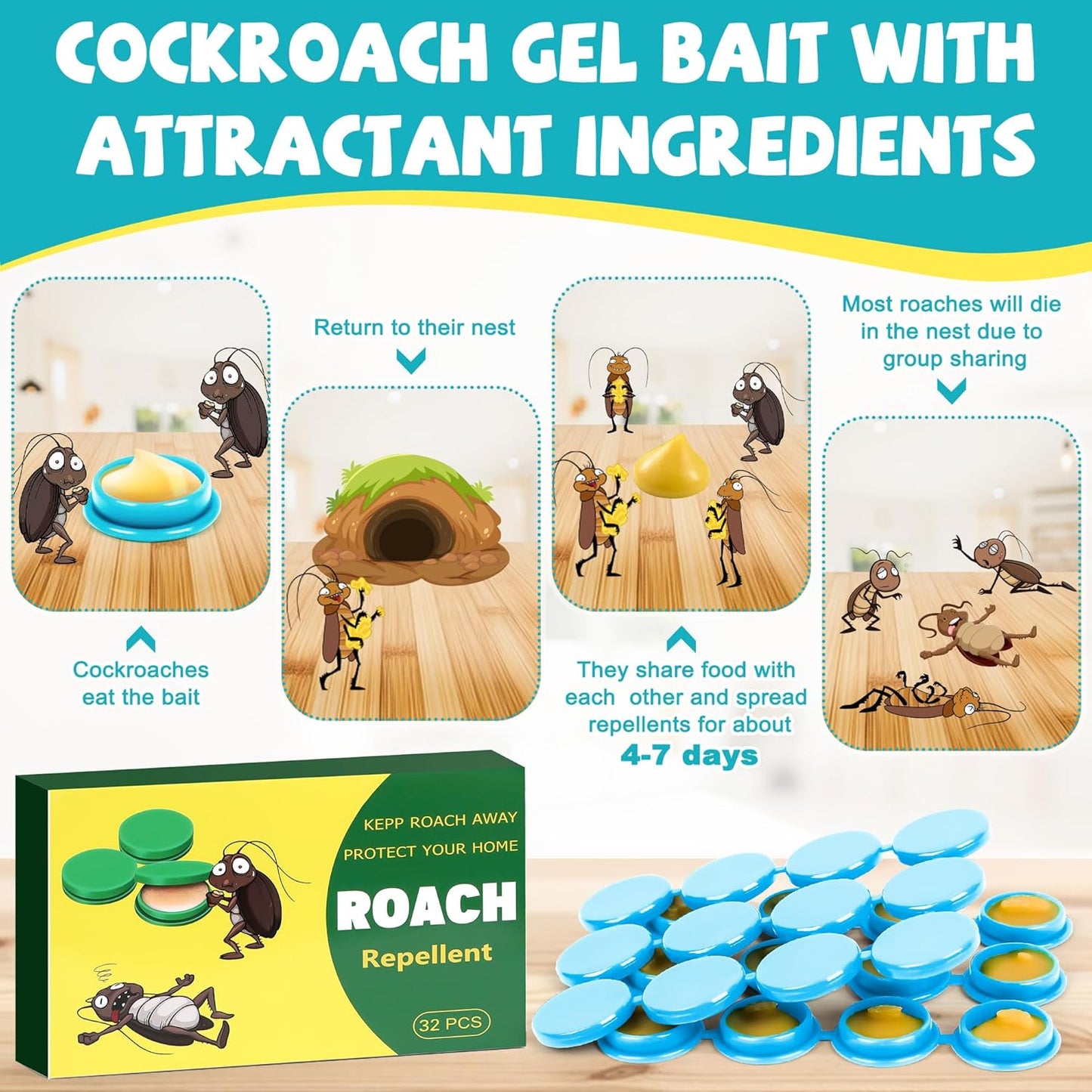 32 Pack Cockroach Gel Bait & Roach Repellent Use for Home, Quick Elimination of Indoor Roach Nests, Easy to Use & No Mess Cockroach Deterrent Indoor for Kitchen Home RV