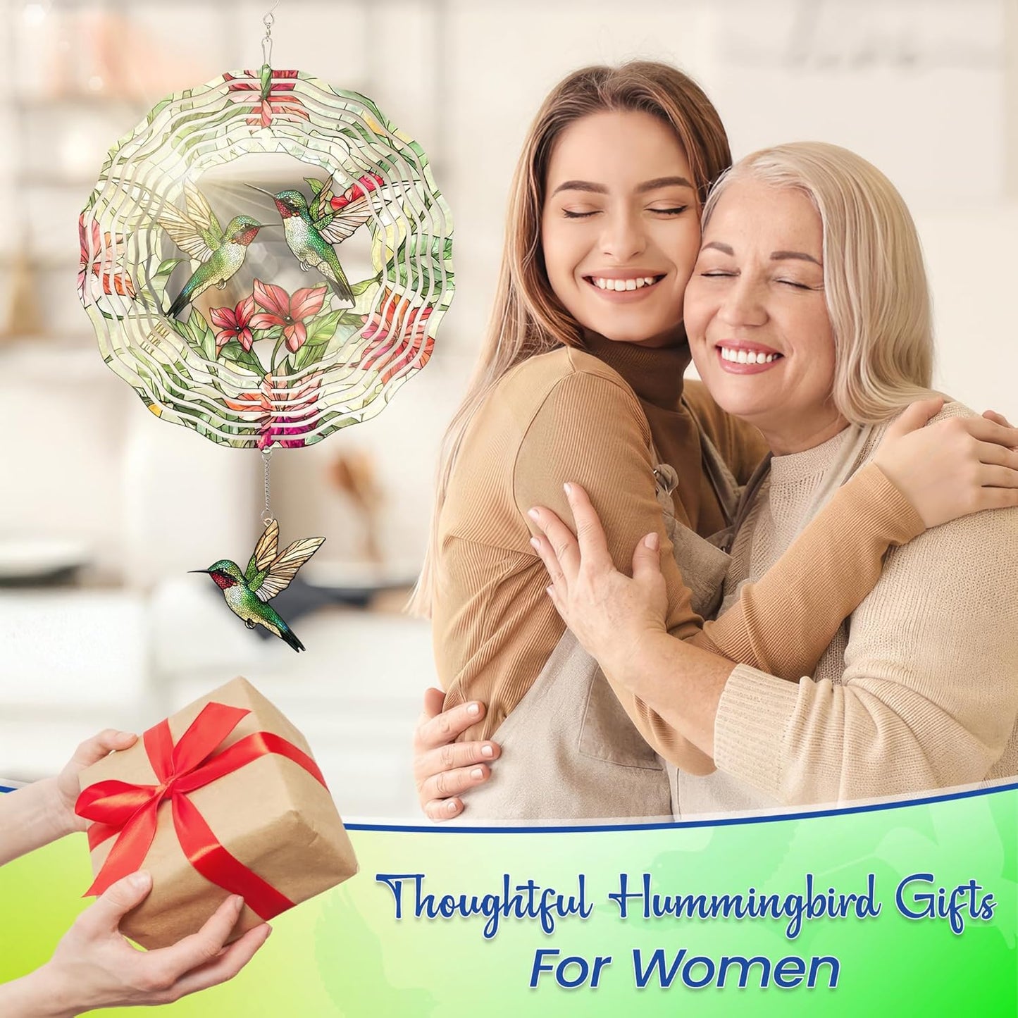 FLAGWIX Christmas Hummingbird Gifts for Women - 3D Stainless Steel Metal Wind Spinners 12in - Hummingbird Wind Spinner Yard Decorations Outdoor Indoor Hanging Garden Decor, Christmas Decorations